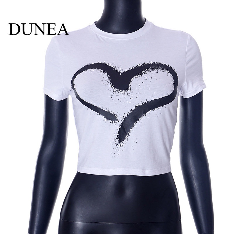 DUNEA Áo Croptop Tay Ngắn Cổ Tròn In Họa Tiết Trái Tim Thời Trang Cho Nữ