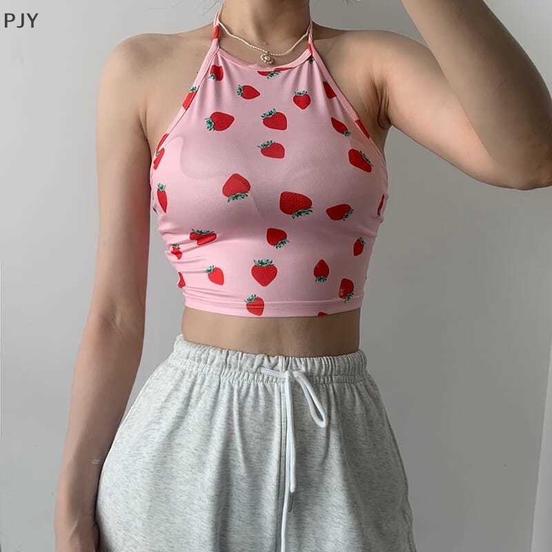 Áo Hai Dây Hở Lưng Dáng Ôm In Hình Dâu Tây Thời Trang Mùa Hè Quyến Rũ Cho Nữ PJ