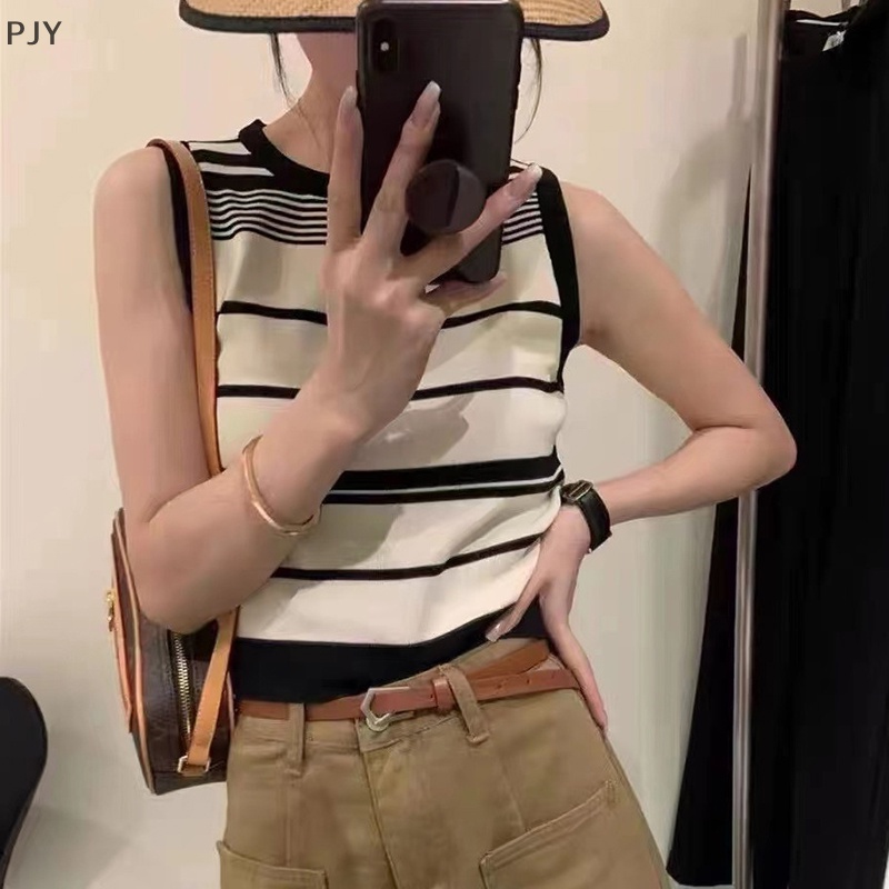 Áo Dệt Kim Không Tay Cổ Tròn Họa Tiết Kẻ Sọc Vintage Thời Trang Mùa Hè Cho Nữ PJ