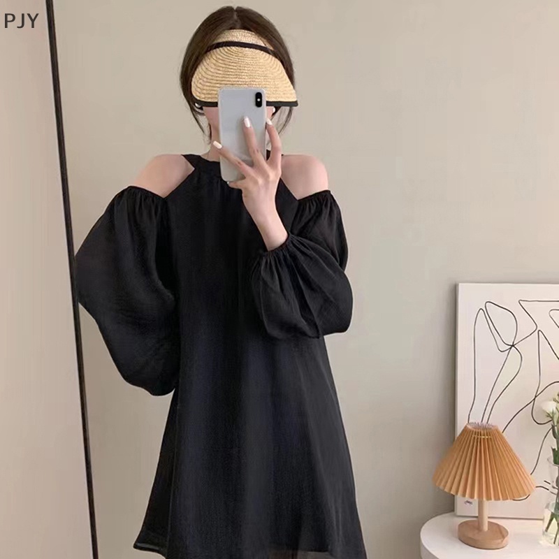 Đầm Chiffon Mini Dài Tay Trễ Vai Màu Trơn Kiểu Pháp Thời Trang Mùa Hè Cho Nữ