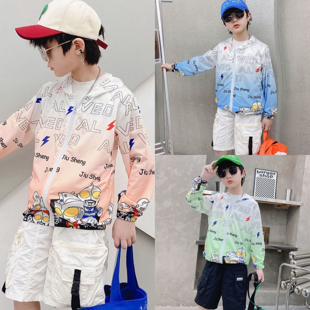 Áo Khoác Thể Thao Chống Tia UV Có Mũ Trùm Đầu Bằng Lụa Lạnh Mềm In Hoạt Hình Người Nhện Cho Bé