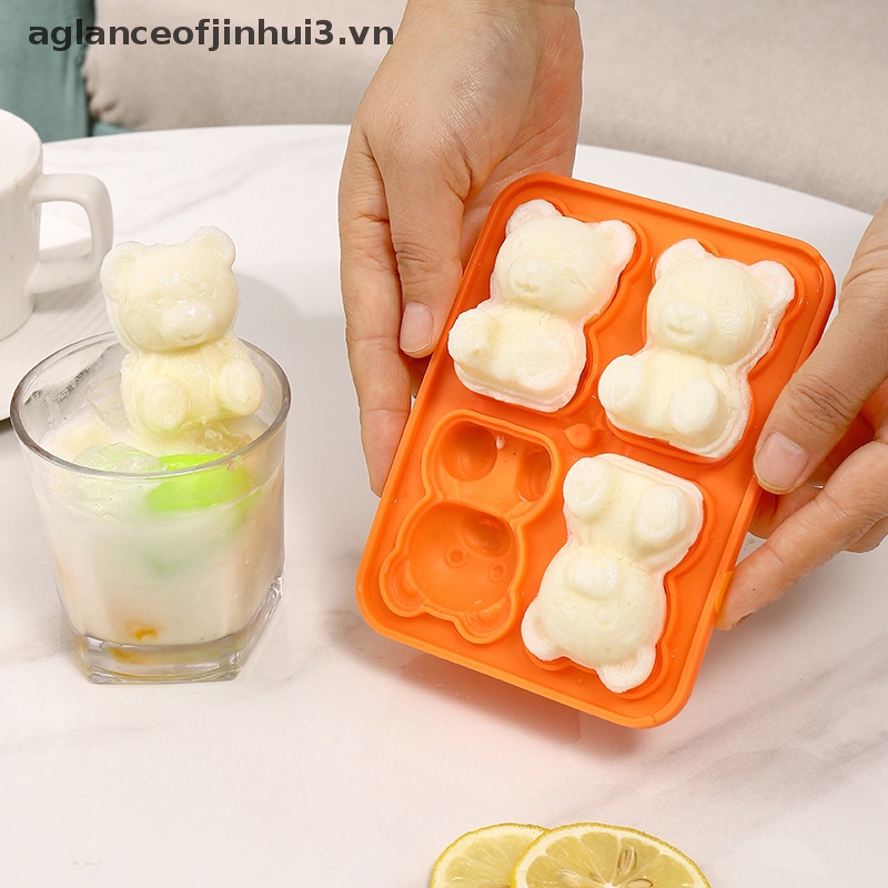 ~ Afhvn ~ Khuôn Làm Đá Viên Hình Gấu Dễ Thương Chống Văng Và Dễ Rơi Cho Tủ Lạnh Có Khay Đựng Đá