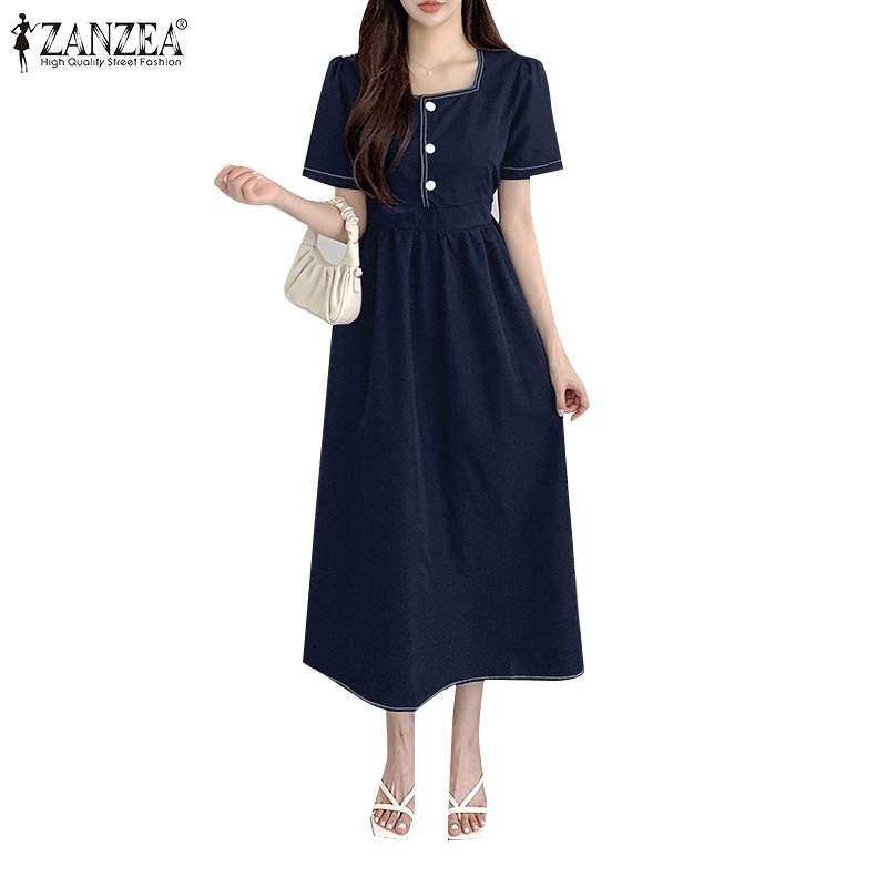 ZANZEA Đầm Ngắn Tay Cổ Vuông Xếp Ly Phong Cách Hàn Quốc Nữ Tính