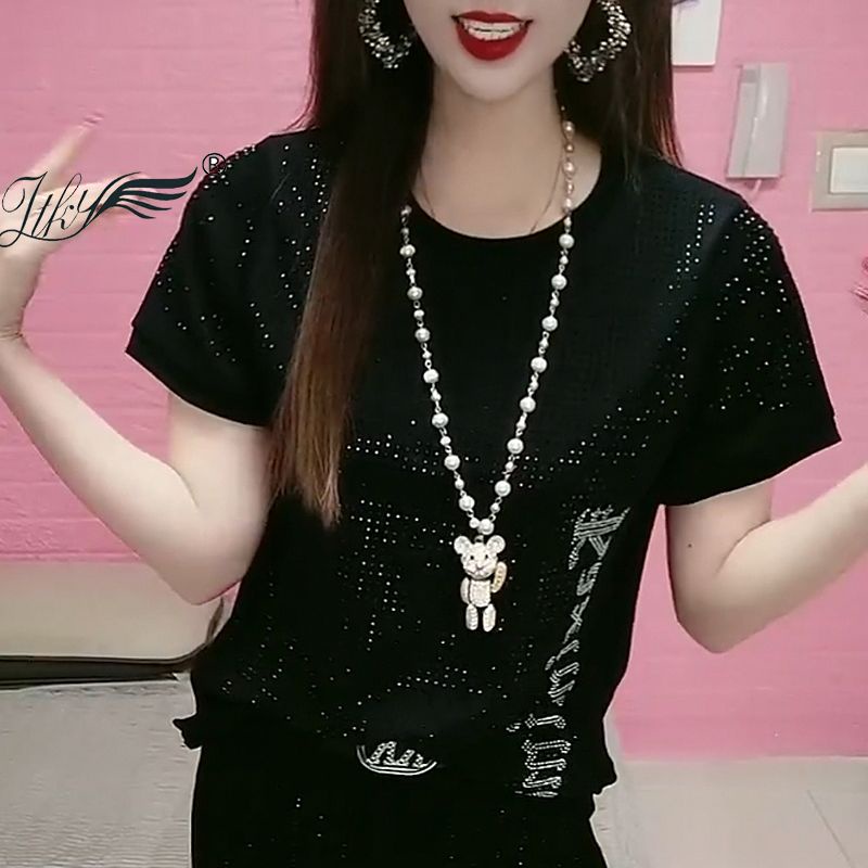 Hàng Châu Âu Sản Phẩm Nặng Áo Thun Kim Cương Toàn Bộ Chữ Cái Ôm Dáng Vừa Vặn Nhìn Bên Trong Đáy Màu Đen Băng Cho Nữ