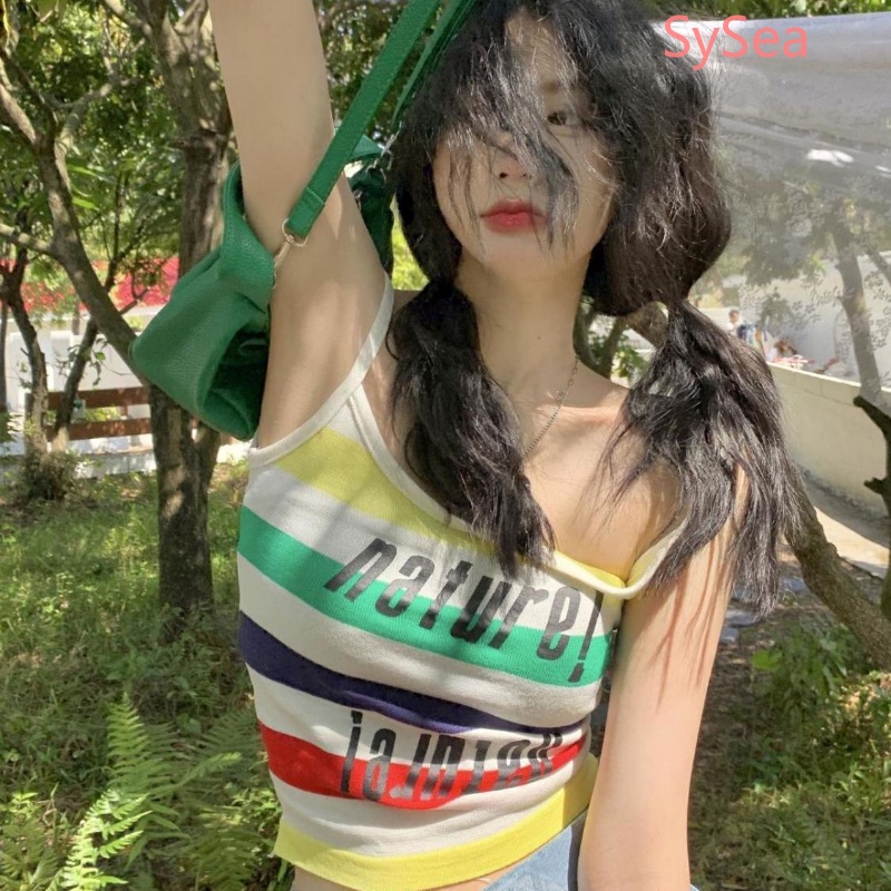 Áo Hai Dây Họa Tiết Kẻ Sọc In Chữ Phong Cách Retro Cho Nữ