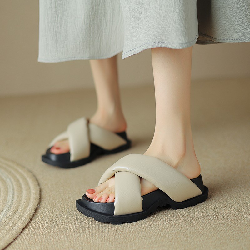 Duoya Tóc Thẳng ~ [Hàng Có Sẵn] Kem Phồng ~!Dép Bánh Mì Quai Chéo Bằng Da Mềm Dày Dặn Thời Trang Mùa Hè Cho Nữ