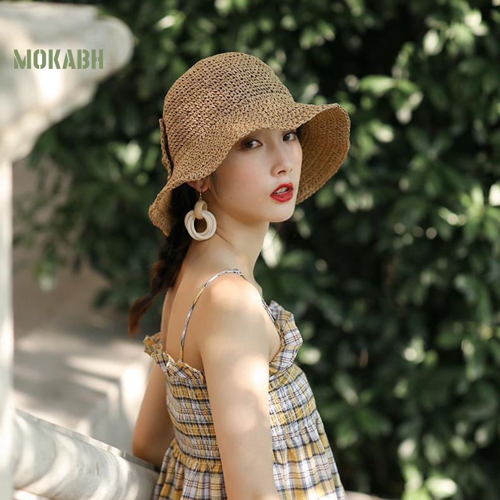 [Mok Abh] Mũ Rơm Thắt Nơ Màu Trơn Thoáng Khí Gấp Gọn Được Trang Trí Chống Nắng Mùa Hè Có Thể Giặt Rửa Cho Nữ