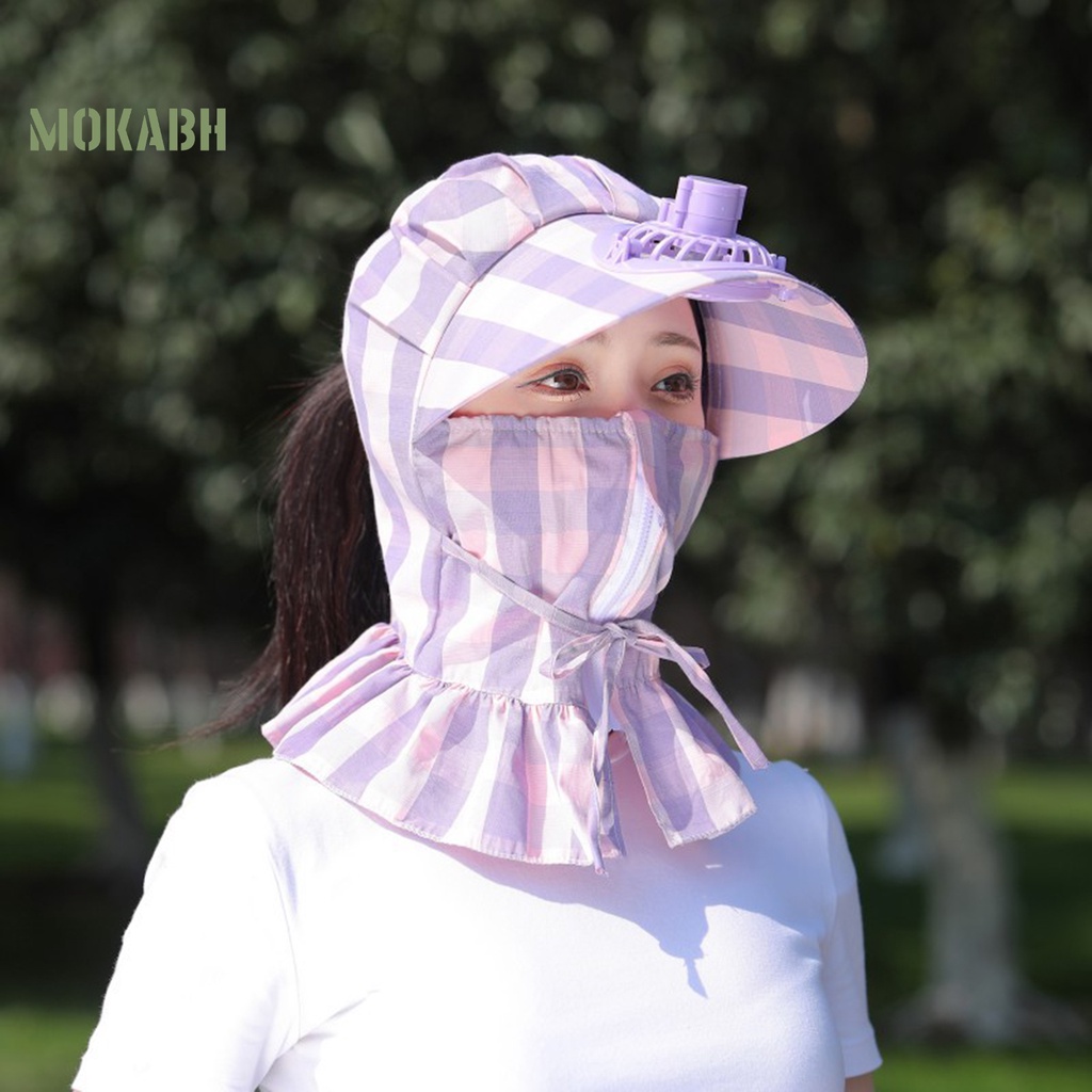 [Mok Abh] Mũ Quạt Làm Mát Vành Rộng Chống Tia UV Có Khóa Kéo In Họa Tiết Hình Học Dành Cho Nữ