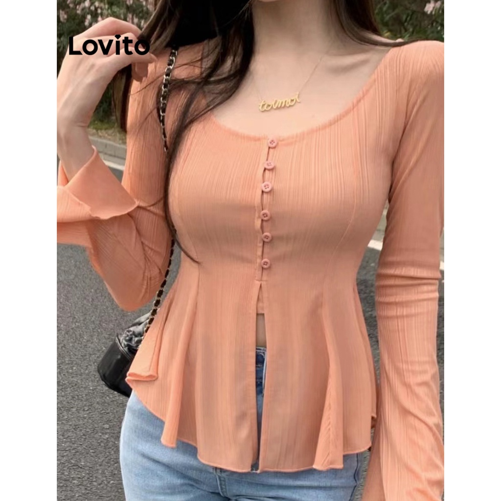 Áo kiểu Lovito dài tay cổ tròn xếp ly viền lai không đều màu trơn phong cách thường ngày cho nữ LNA07026 (màu cam)