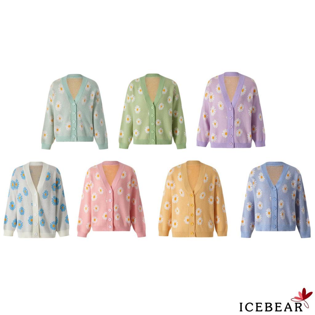 Áo Khoác Cardigan Dệt Kim Tay Dài Cổ Chữ V Dáng Rộng In Họa Tiết Hoa Có Nút Cài Cho Nữ