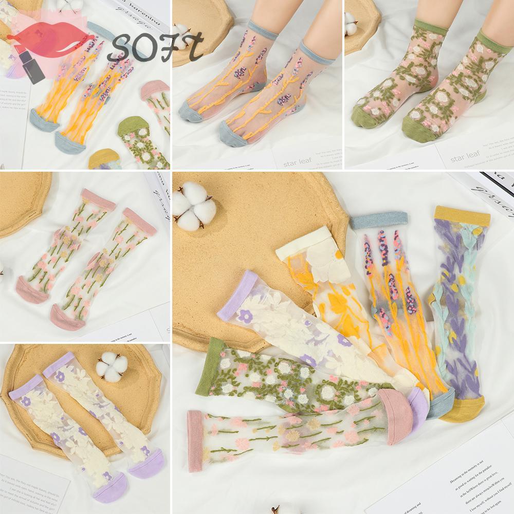 Vớ Cotton Mỏng Xuyên Thấu Họa Tiết Hoa Thời Trang Xuân Hè Cho Nữ
