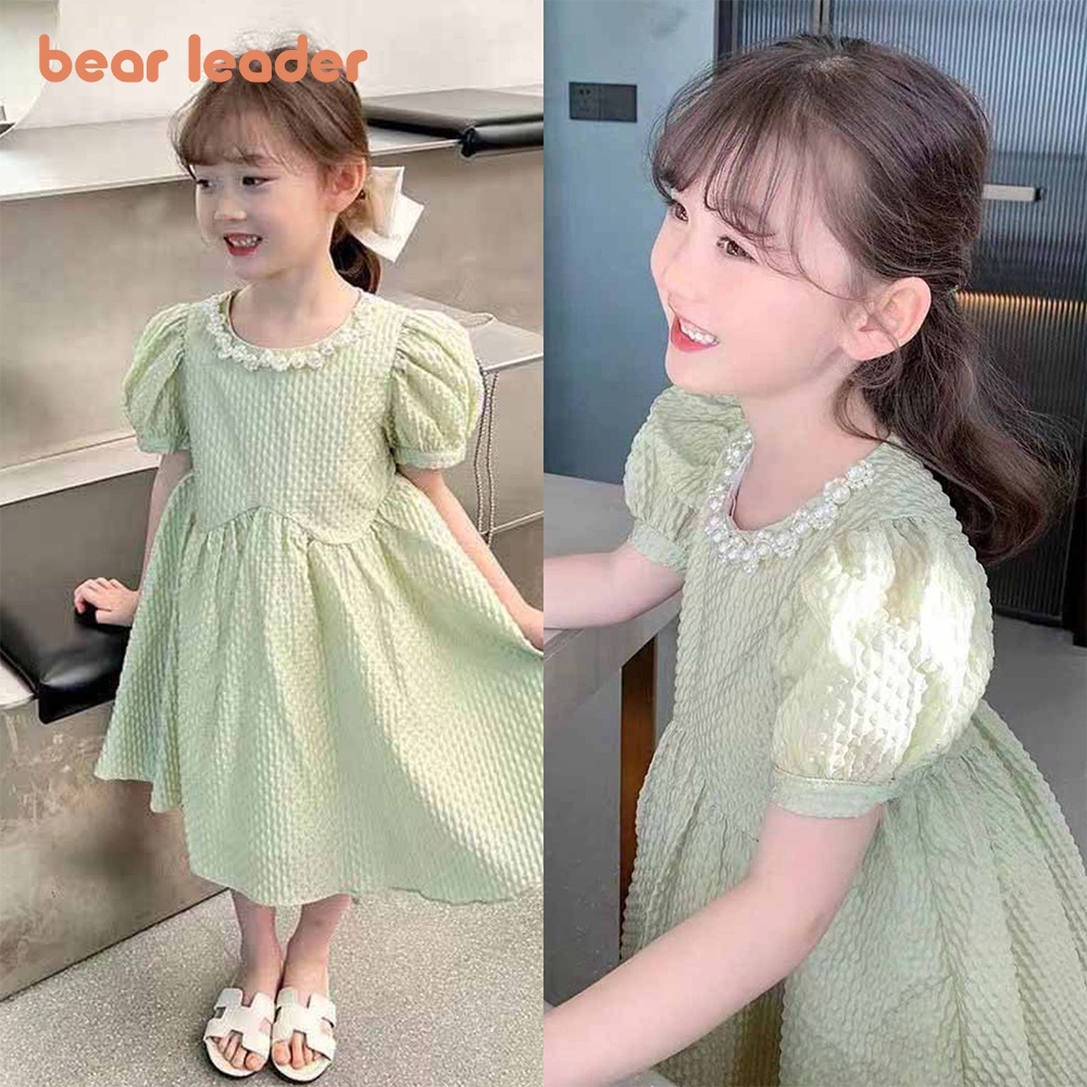 BEAR LEADER Đầm Công Chúa Mùa Hè Tay Phồng Cổ Đính Ngọc Trai Phong Cách Hàn Quốc Cho Bé Gái 3-7 Tuổi