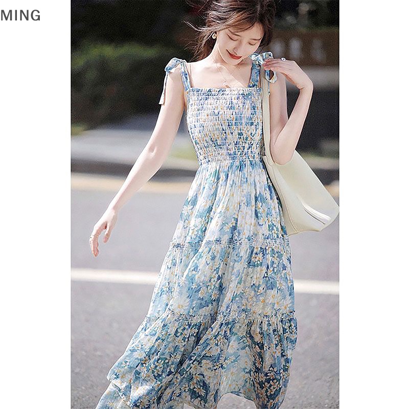 Đầm Hai Dây Dáng Dài In Họa Tiết Hoa Phong Cách Vintage Thanh Lịch Ngọt Ngào Cho Nữ