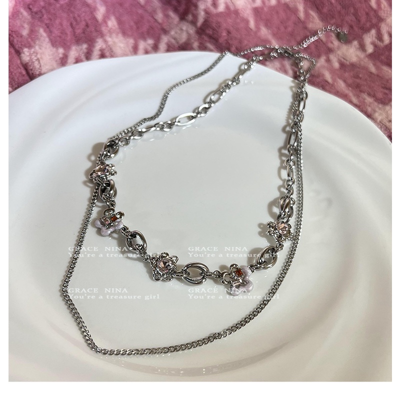 Vòng cổ Hai Lớp Hình Hoa Đính Kim Cương Màu Hồng Phong Cách Hàn Quốc Cao Cấp Sang Trọng Cá Tính Đa Năng Dành Cho Nữ