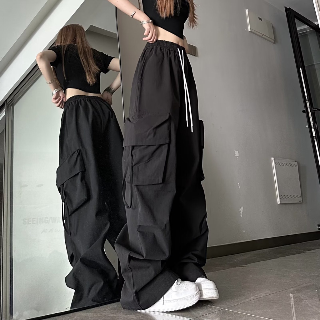 Quần Dài Ống Rộng Phối Túi Lớn Phong Cách Retro Thời Trang Hàn Quốc