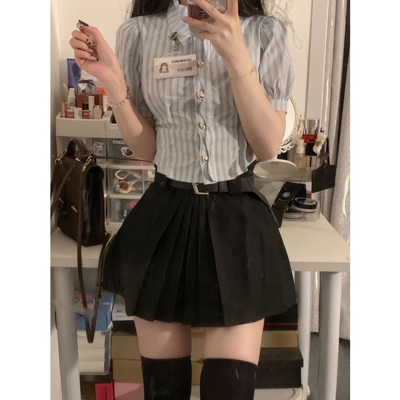 Áo Sơ Mi Ngắn Tay Kẻ Sọc Thêu logo Thiết Kế Mới Thời Trang Mùa Hè Cho Nữ