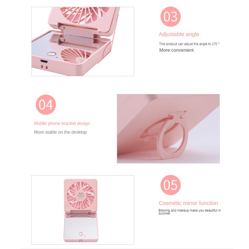 Quạt Làm Mát Mini 2 Tốc Độ Gập Lại Được Kèm Gương Và Sạc USB Tiện Dụng
