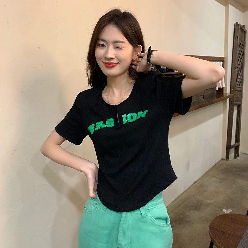 Áo croptop Tay Ngắn Cổ Chữ V In Chữ y2k Thời Trang Cho Nữ