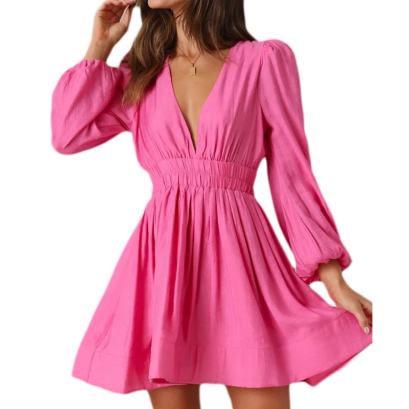 Đầm Babydoll Tay Dài Cổ Chữ V Khoét Sâu Thời Trang Mùa Hè Quyến Rũ Cho Nữ