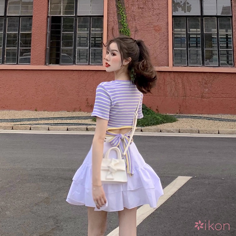 Áo Thun Tay Ngắn Cổ Tròn Hở Lưng Ôm Dáng Họa Tiết Kẻ Sọc Thời Trang Mùa Hè Hàn Quốc Cho Nữ