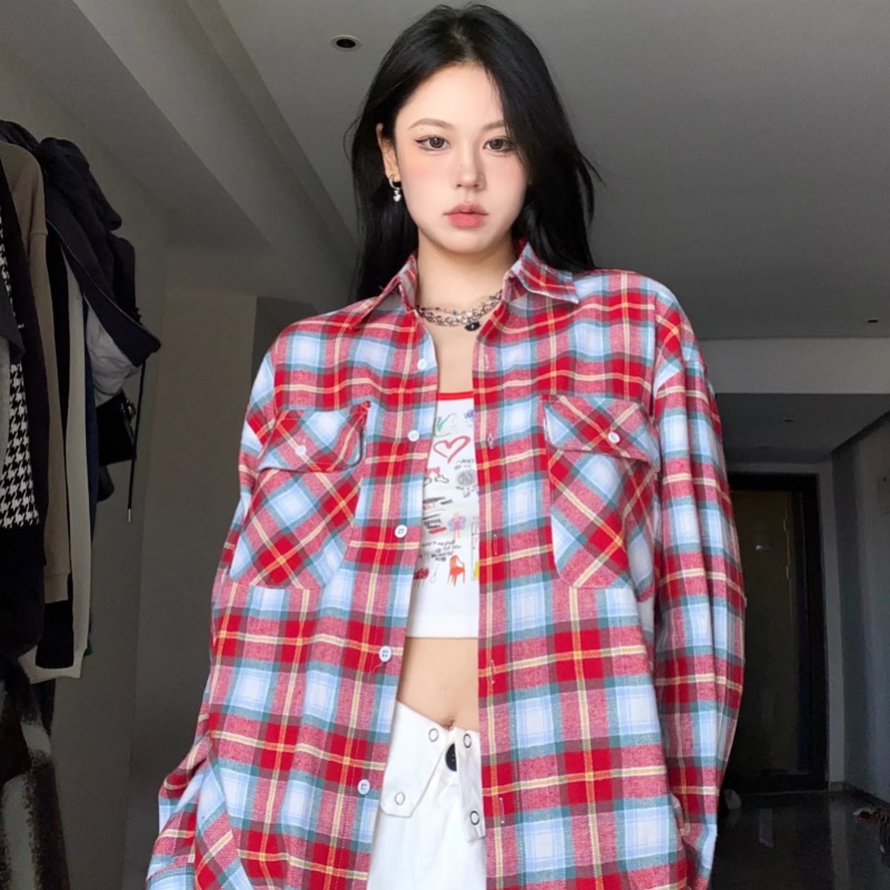 Xiaoguwan cleanfit Áo Sơ Mi Caro Thêu Chữ Phong Cách Đường Phố Mỹ Cho Cặp Đôi