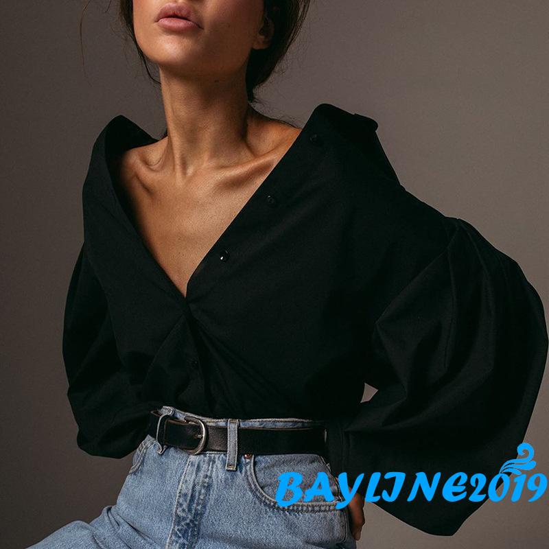 Áo Sơ Mi Tay Phồng Màu Trơn Cài Nút Cổ Bẻ Thời Trang Thu Đông Dành Cho Nữ