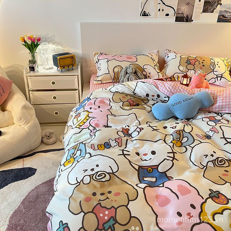 Bộ Chăn Ga Và Vỏ Gối Họa Tiết Hoạt Hình Xinh Xắn
