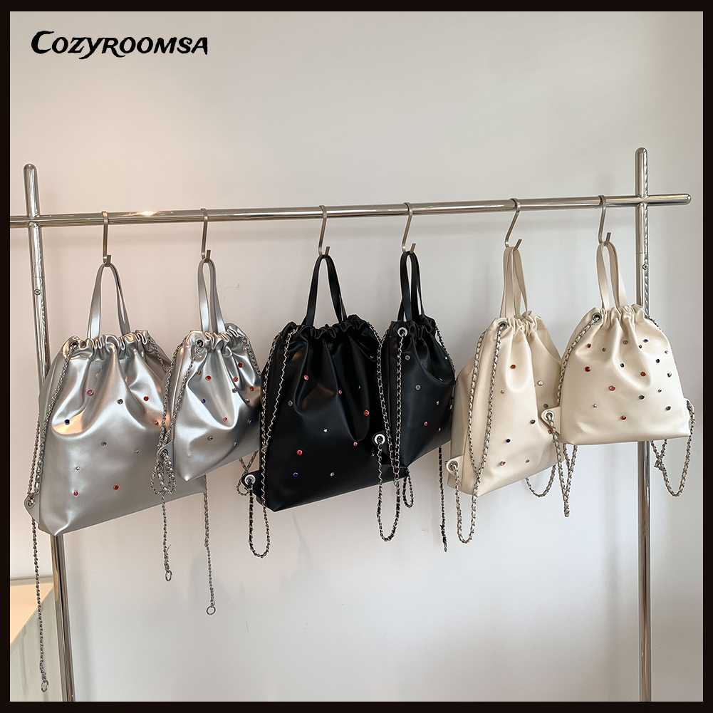 Ba Lô Da PU Dây Rút Đính Đá Thời Trang Cho Nữ