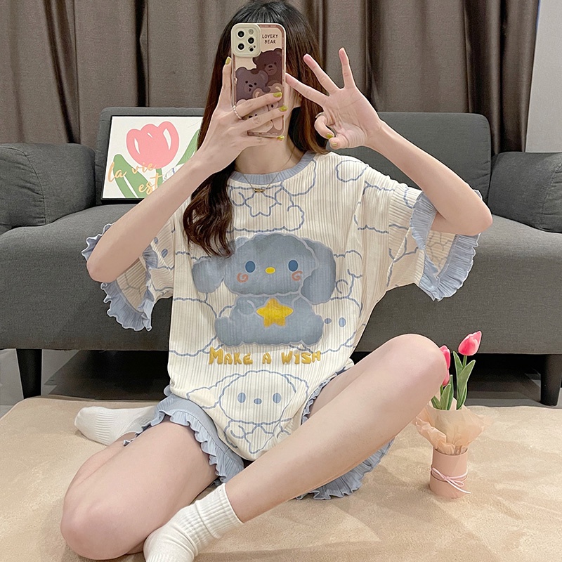 Bộ Đồ Ngủ Chất Liệu Cotton Thân Thiện Với Da Tay Ngắn Kích Thước Lớn Thời Trang Xuân Thu Cho Nữ