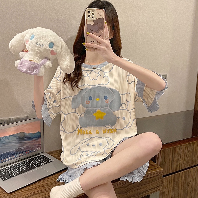 Bộ Đồ Ngủ Chất Liệu Cotton Thân Thiện Với Da Tay Ngắn Kích Thước Lớn Thời Trang Xuân Thu Cho Nữ