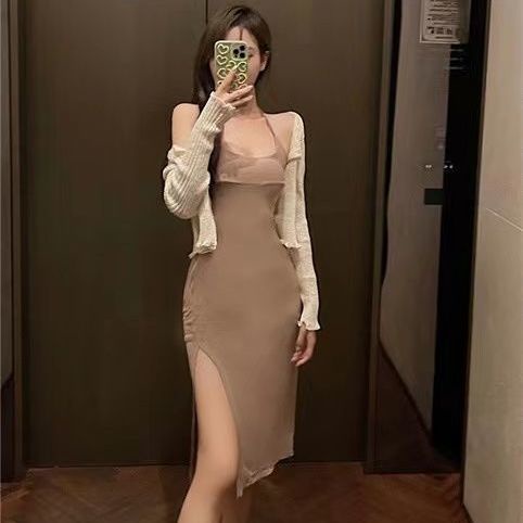 Hàng Có Sẵn Đầm Dệt Kim Hai Dây Xẻ Tà Ôm Hông Sang Trọng Phong Cách Mới Mùa Hè Cho Nữ MKVI