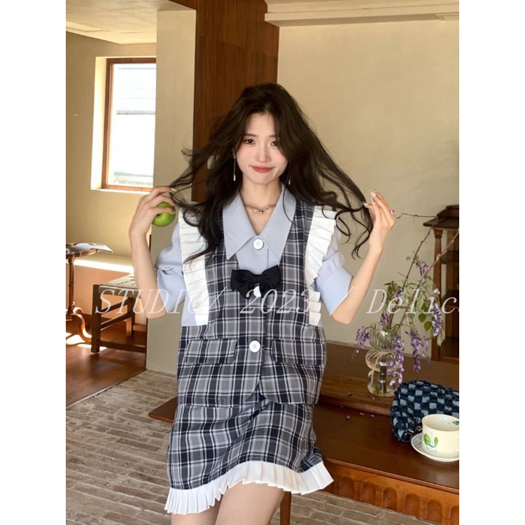Set Áo Caro Phối Bèo + Chân Váy Chữ A Phong Cách Retro Cho Nữ