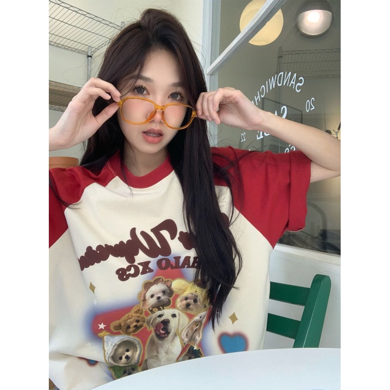 Áo Thun Raglan Tay Ngắn Cổ Tròn In Hình Chú Chó Dễ Thương Thời Trang Mùa Hè 2023