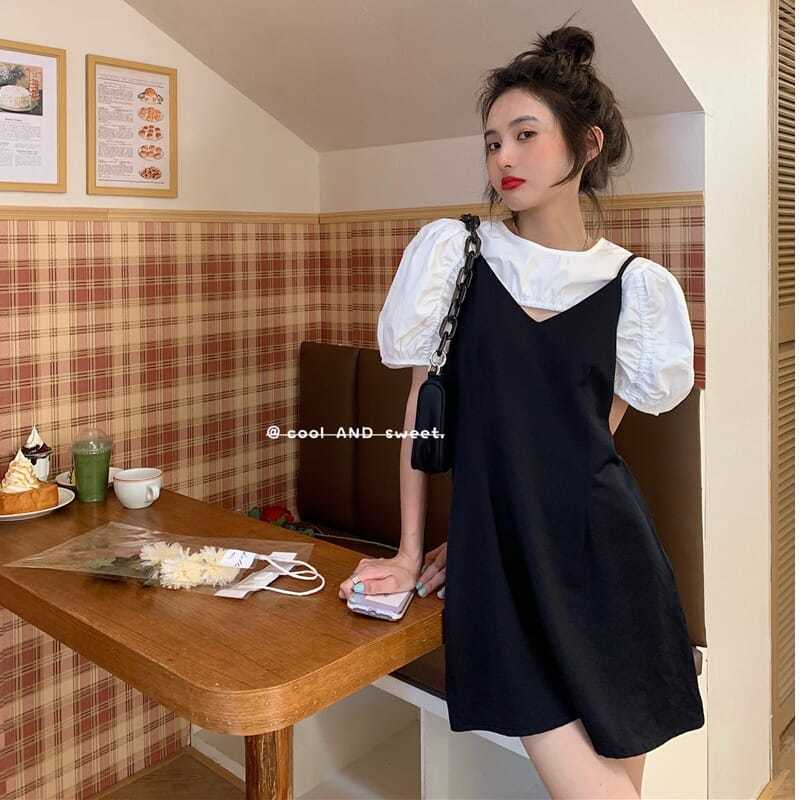 COZOK Bộ Áo Tay Phồng + Đầm Hai Dây Dáng Ôm Thời Trang Cho Nữ