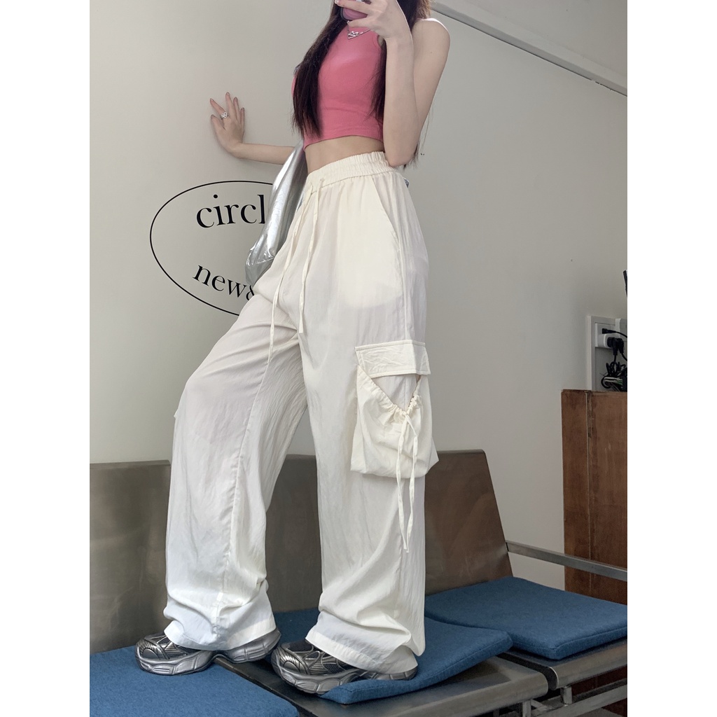 Quần Dài Chống Nắng Dáng Rộng Phối Túi Lớn Đính Cà Vạt Kiểu Hàn Quốc Thời Trang Mù