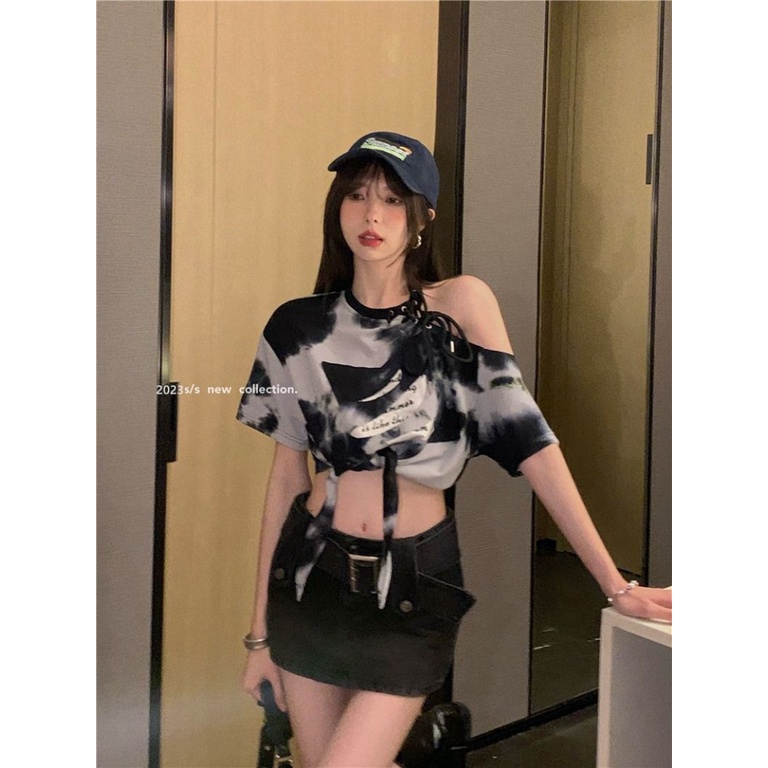 Áo Croptop Tay Ngắn Cổ Tròn Dáng Rộng Màu Nhuộm Phong Cách Mỹ Thời Trang Mùa Hè Xinh Xắn Cho Nữ