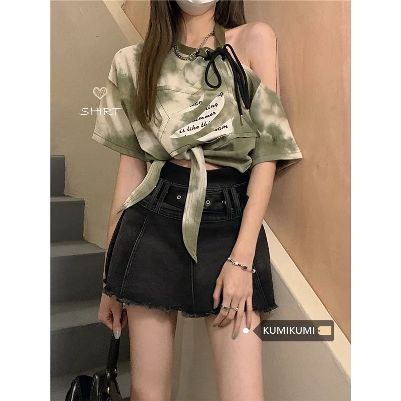 Áo Croptop Tay Ngắn Cổ Tròn Dáng Rộng Màu Nhuộm Phong Cách Mỹ Thời Trang Mùa Hè Xinh Xắn Cho Nữ
