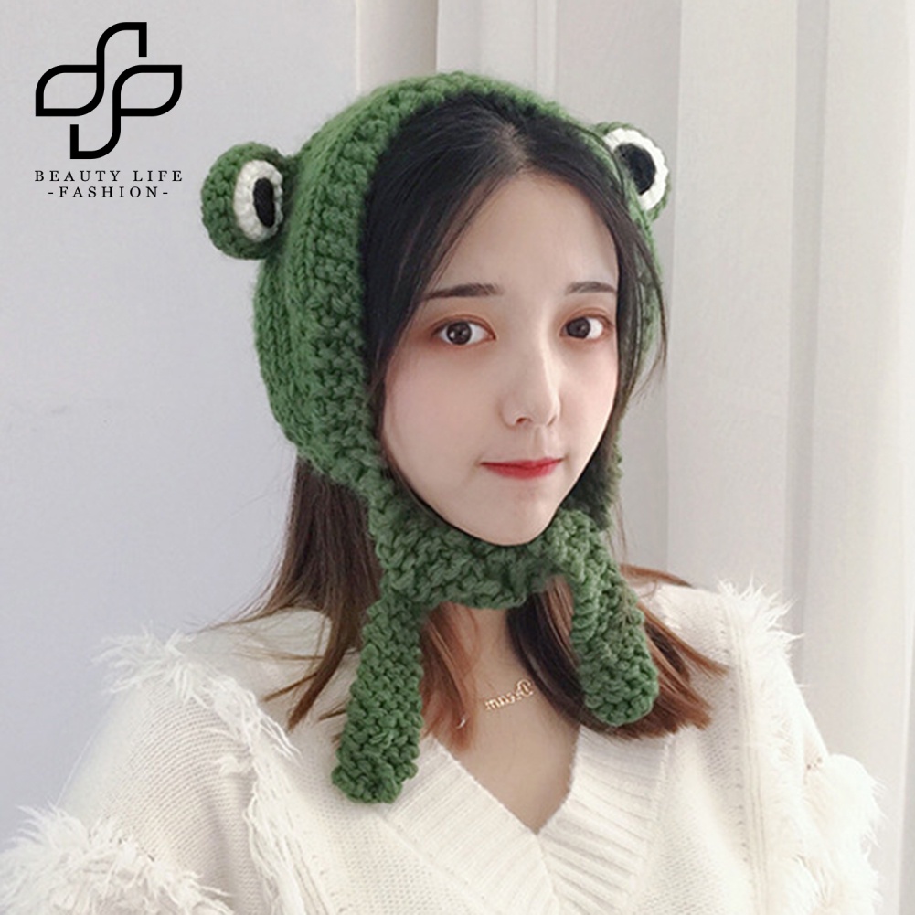 Nón Len Màu Trơn Hình Mắt Ếch Dễ Thương Thời Trang Mùa Đông Cho Bé Gái
