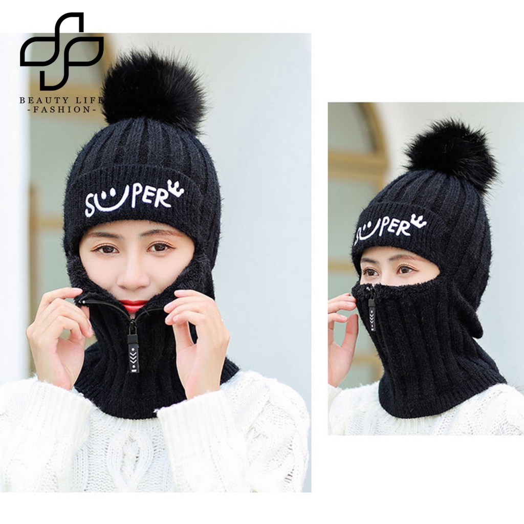 Mũ Len Dày Dặn Giữ Ấm Mùa Đông Có Khóa Kéo Thời Trang Cho Nữ