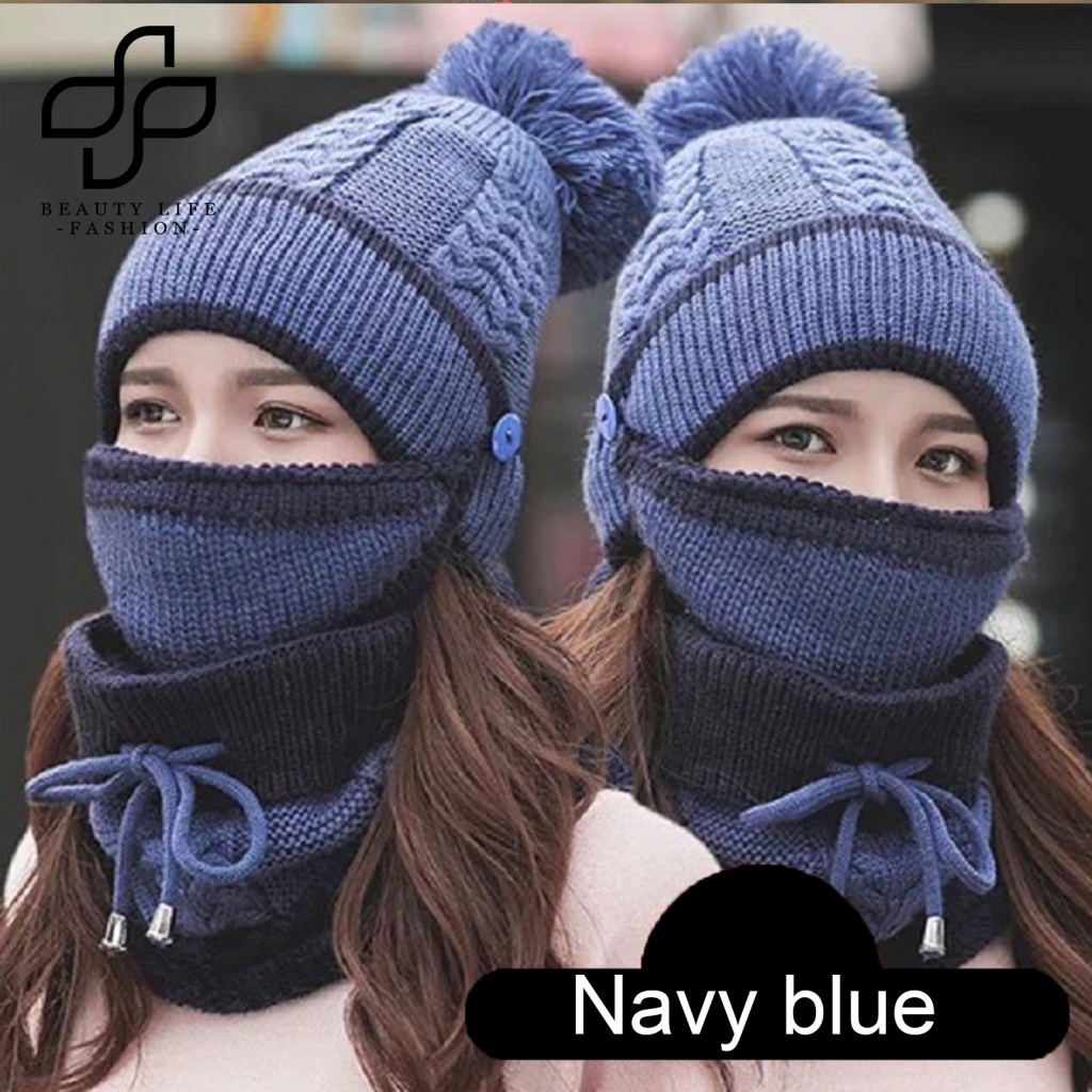 Bộ 3 Món Nón Len Dệt Kim Kèm Khăn Choàng Cổ Giữ Ấm Mùa Đông