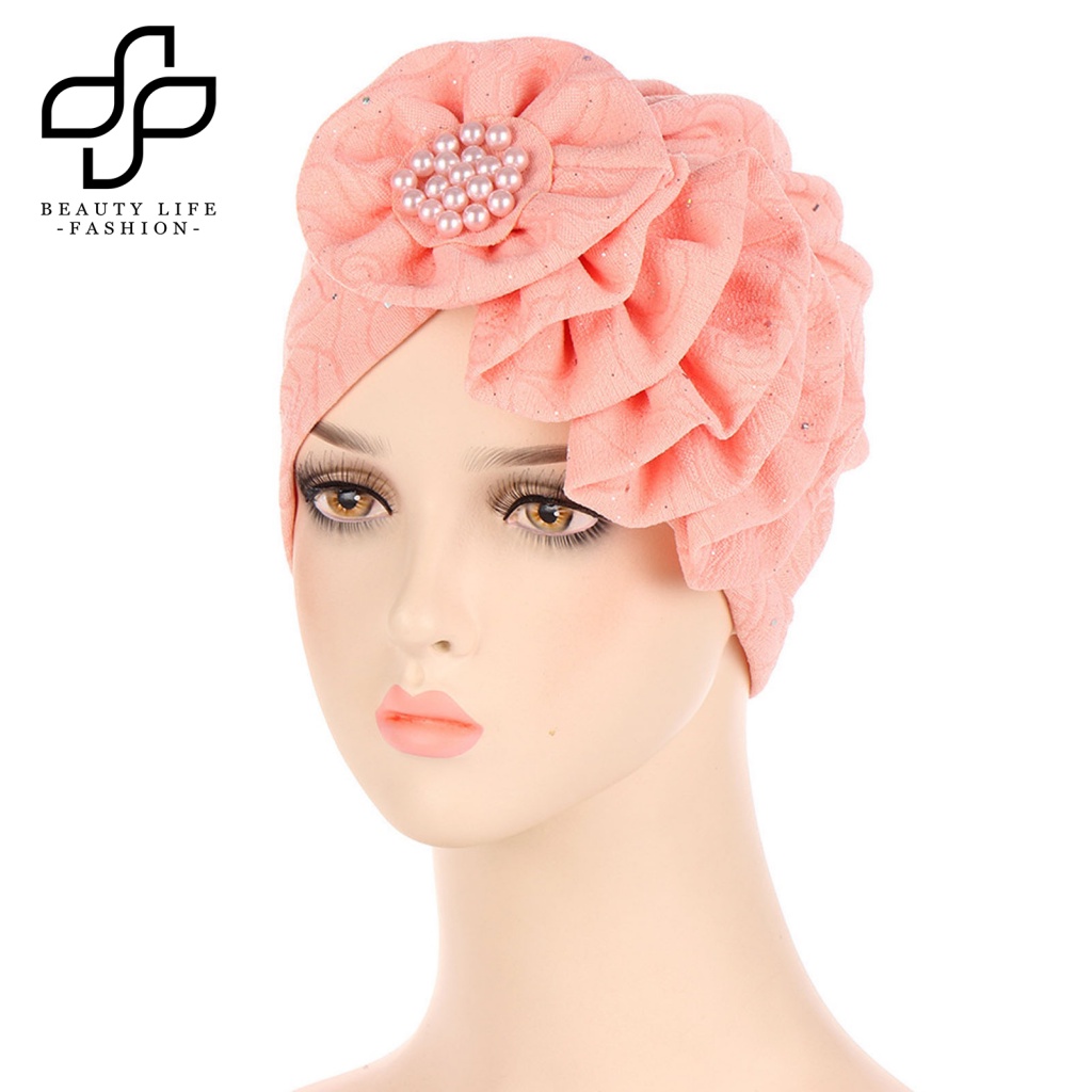 Beautylife Mũ Trùm Đầu Mềm Mại Co Giãn Nhiều Lớp Đính Hạt Hình Hoa Màu Trơn Thanh Lịch Bền Bỉ Đa Năng Dành Cho Bạn Nữ Mặc Hàng Ngày