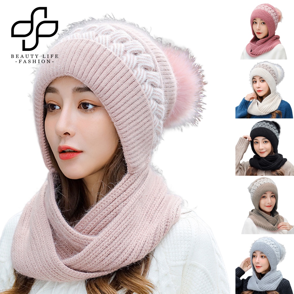 Mũ Beanie Kèm Khăn Choàng Lông Cừu Màu Sắc Tương Phản Thời Trang Thu Đông Dành Cho Nữ