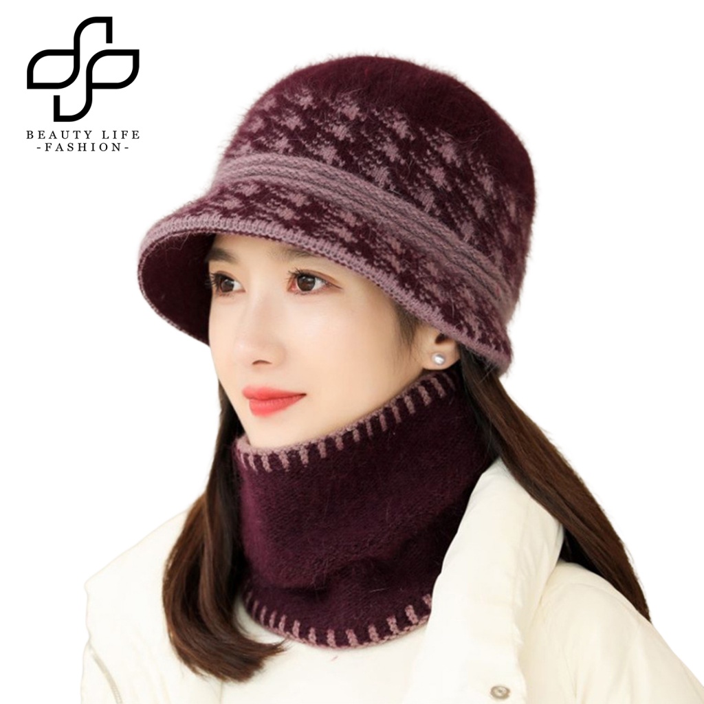 Bộ 2 Món Mũ Dệt Kim + Khăn Choàng + Khăn Quàng Cổ Bằng Lông Thỏ Nhân Tạo Dày Dặn Chống Gió Thời Trang Cho Nữ