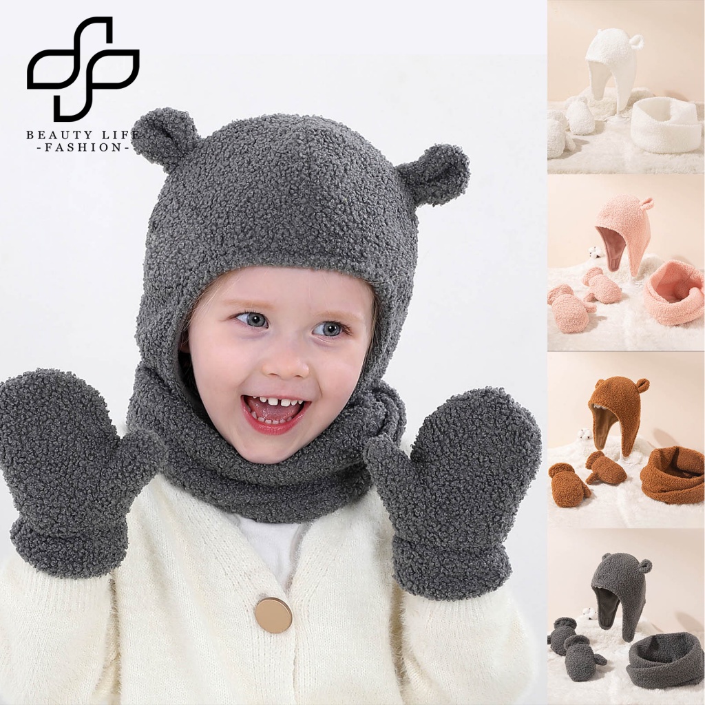 1 Bộ Nón Và Khăn Choàng Cổ Bằng Vải Bông Hai Tai Giữ Ấm Màu Trơn Thời Trang Dành Cho Trẻ 1-4 Tuổi
