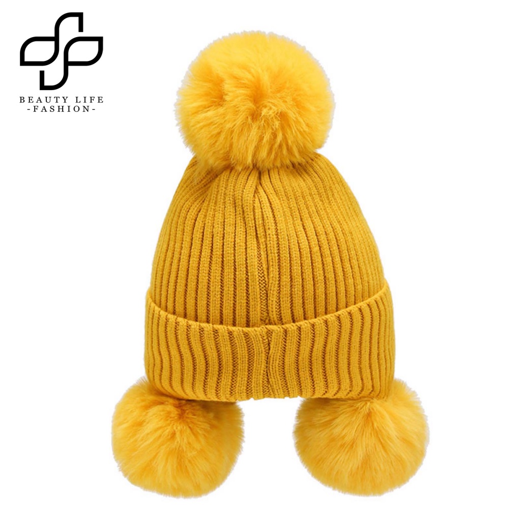 Nón Beanie Họa Tiết Thú Hoạt Hình Trang Trí Bóng Lông Cho Bé