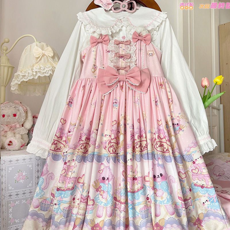 Hàng Có Sẵn  Đầm Hai Dây In Hình Mèo Ngọt Ngào Tươi Tắn / Lolita JSK