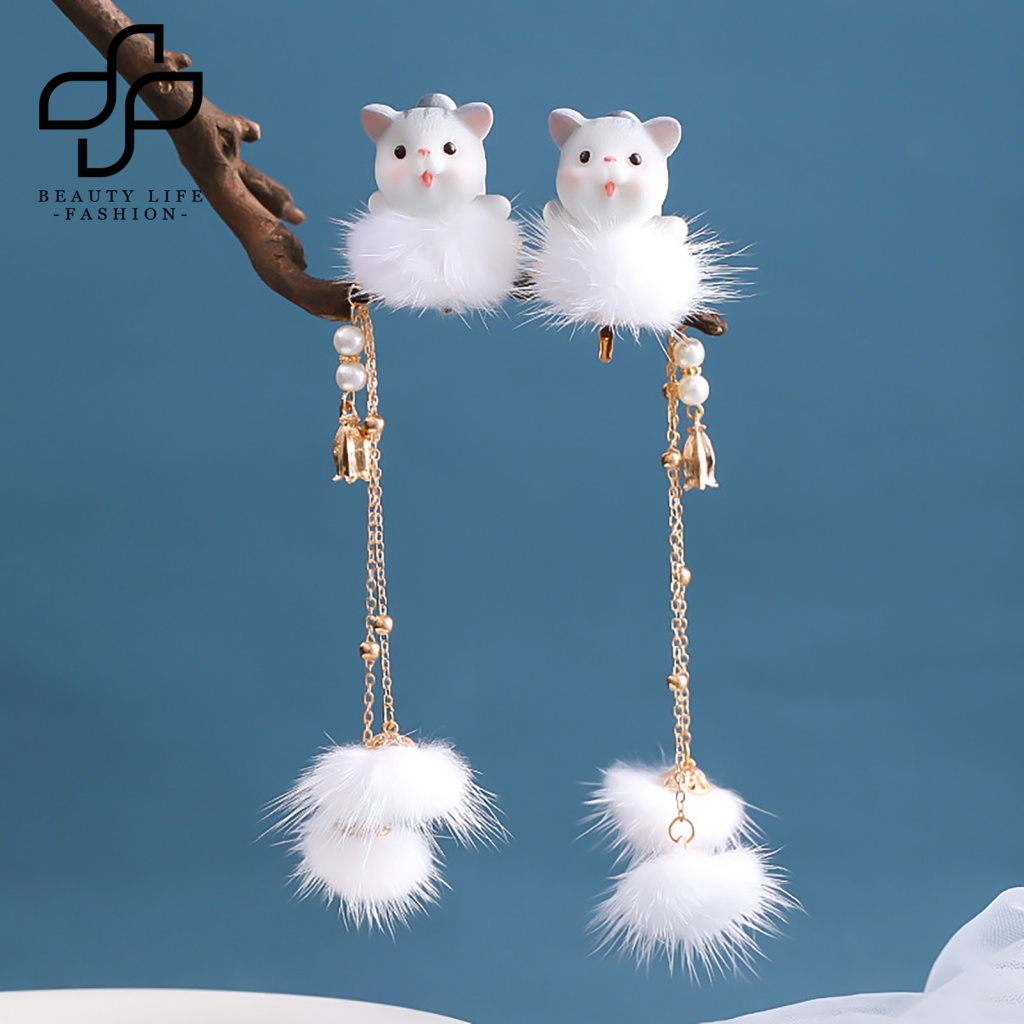 1 Cặp Kẹp Tóc Tua Rua Hình Mèo Dễ Thương Phong Cách Trung Hoa