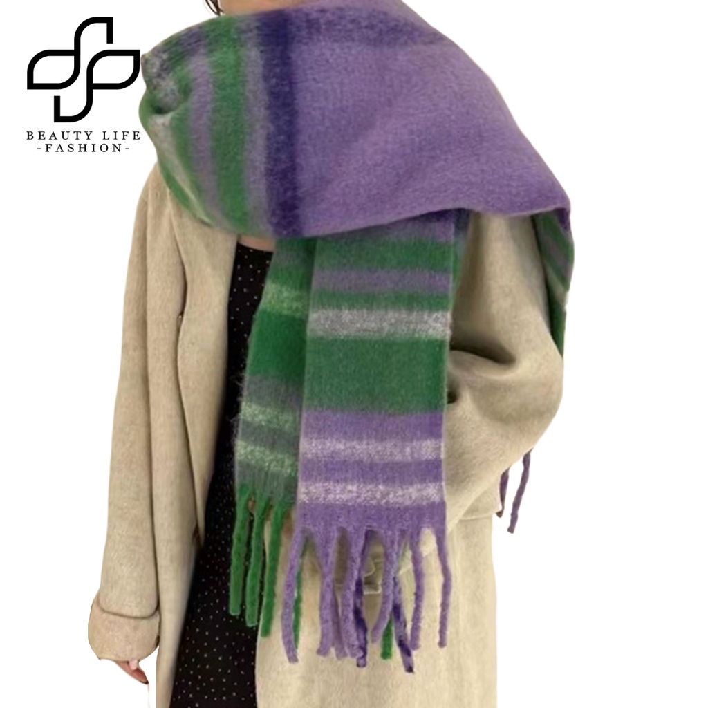Khăn Choàng Cổ Dày Dặn Mềm Mại Phối Tua Rua Màu Tương Phản Giữ Ấm Mùa Đông Cho Nữ