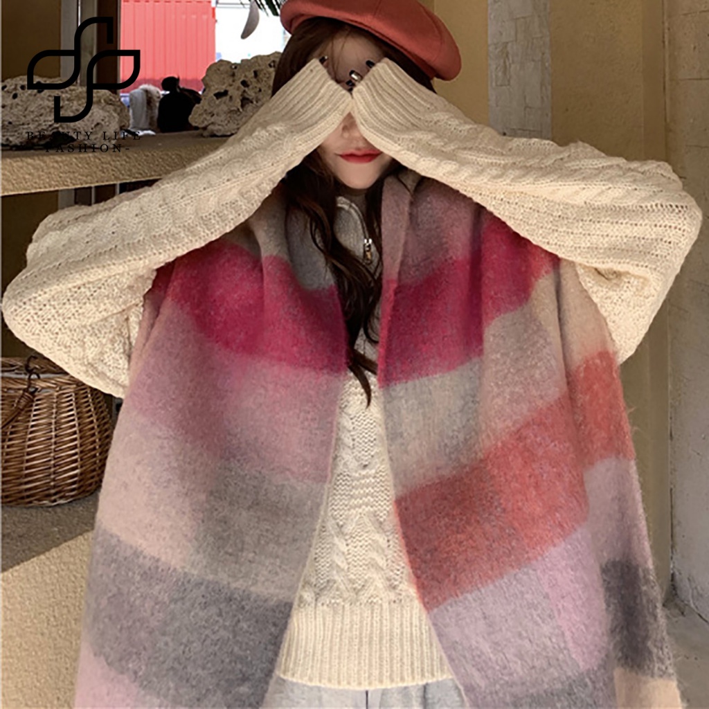 Khăn Choàng Giữ Ấm Mùa Đông Chất Liệu Cashmere Dày Dặn In Họa Tiết Sọc Caro Phối Tua Rua Cho Nữ