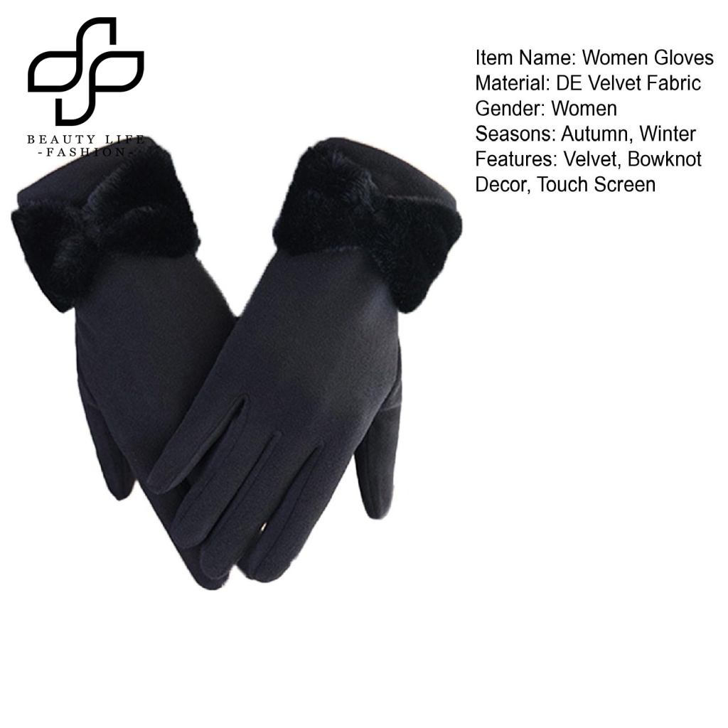 1 Đôi Găng Tay Lái Xe Hai Mặt Vải Lông Cừu Dày Màu Trơn Trang Trí Nơ Có Thể Dùng Màn Hình Cảm Ứng